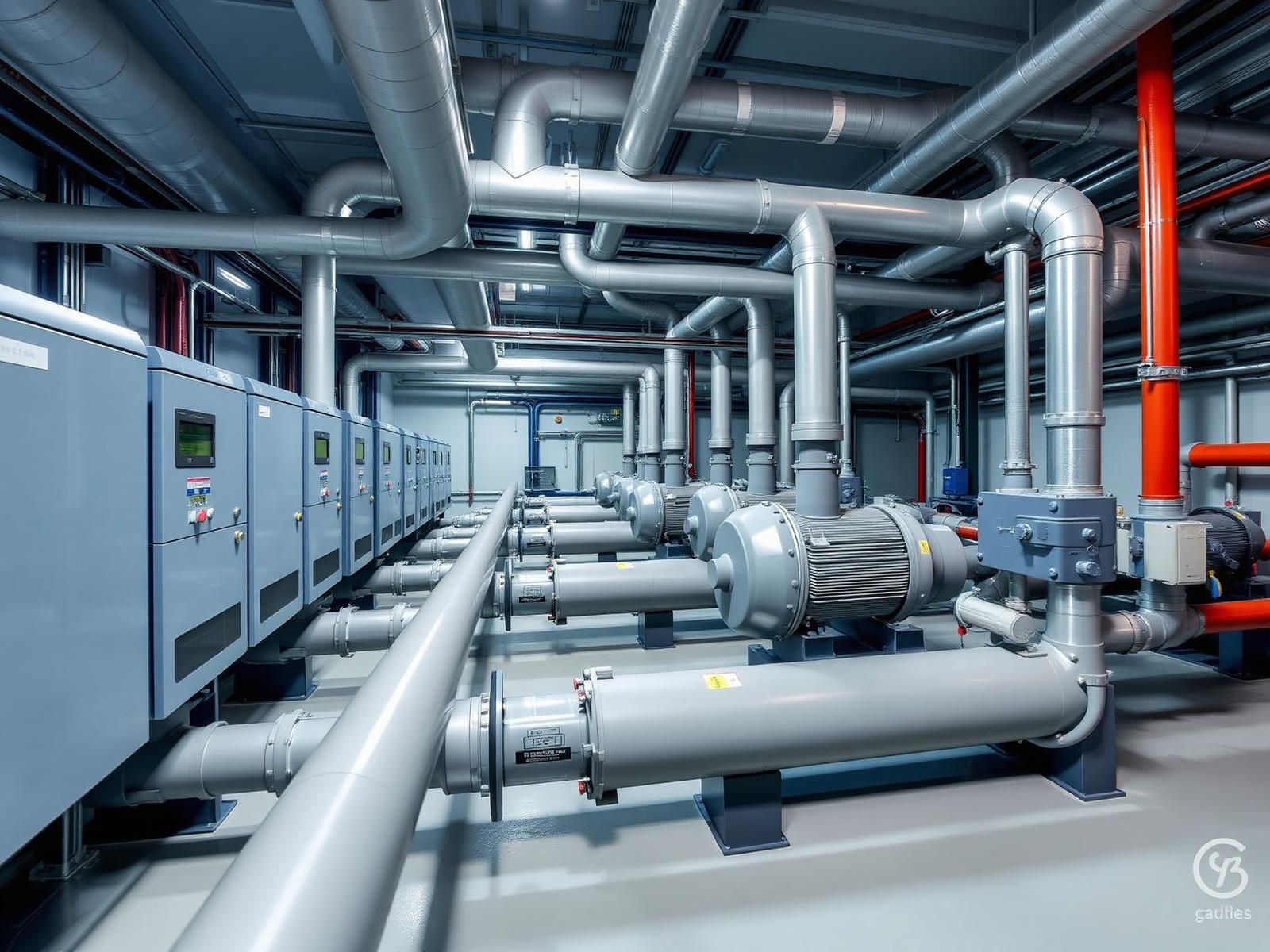 Pump station interior showing variable frequency drives and process piping